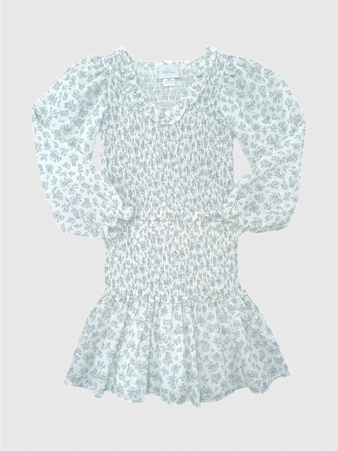 Long Sleeved Smocked Dress - Blue Floral