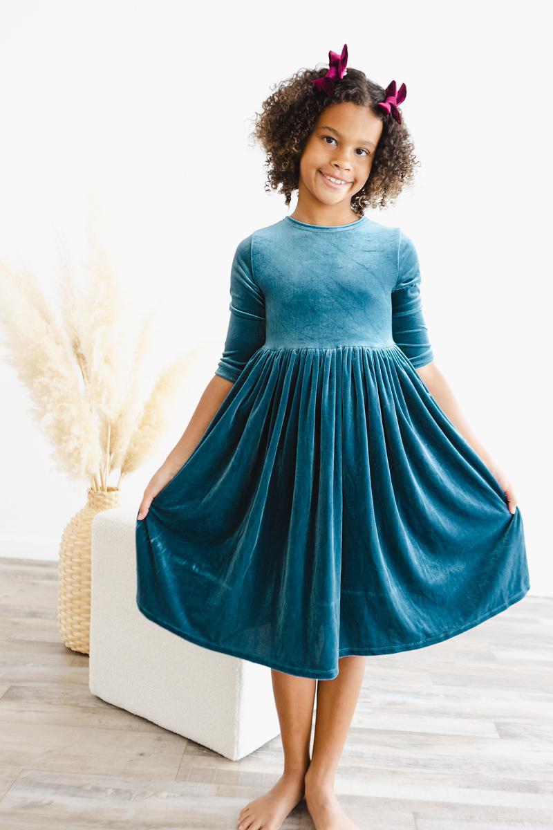 Denim Blue Velvet L/S Ruffle Twirl Dress