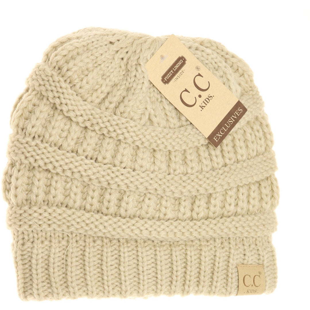 Kids Beige Solid Fuzzy Lined CC Beanie