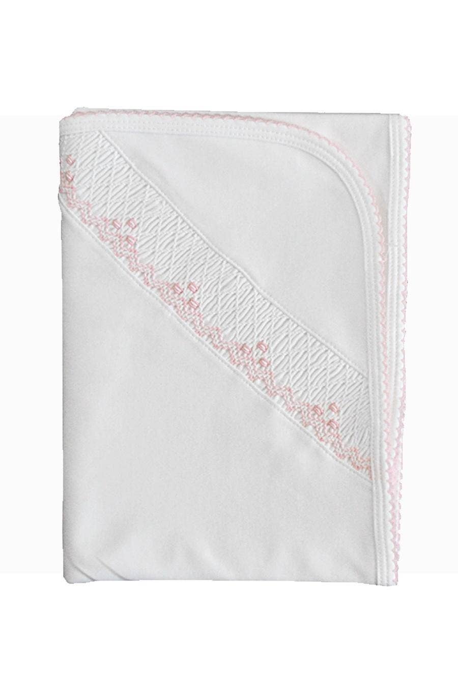 White & Pink Smocked Girl Pima Cotton Blanket w/ Picot Edge