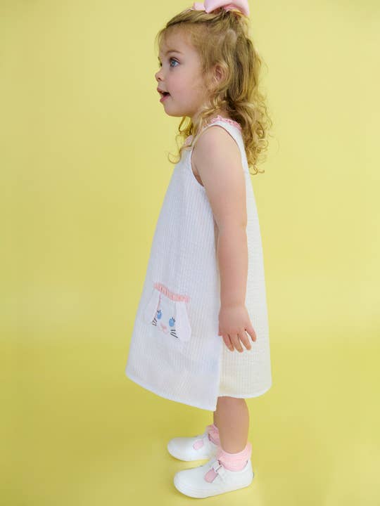 Girls Pink Bunny Ears Seersucker Ruffle Pocket Dress