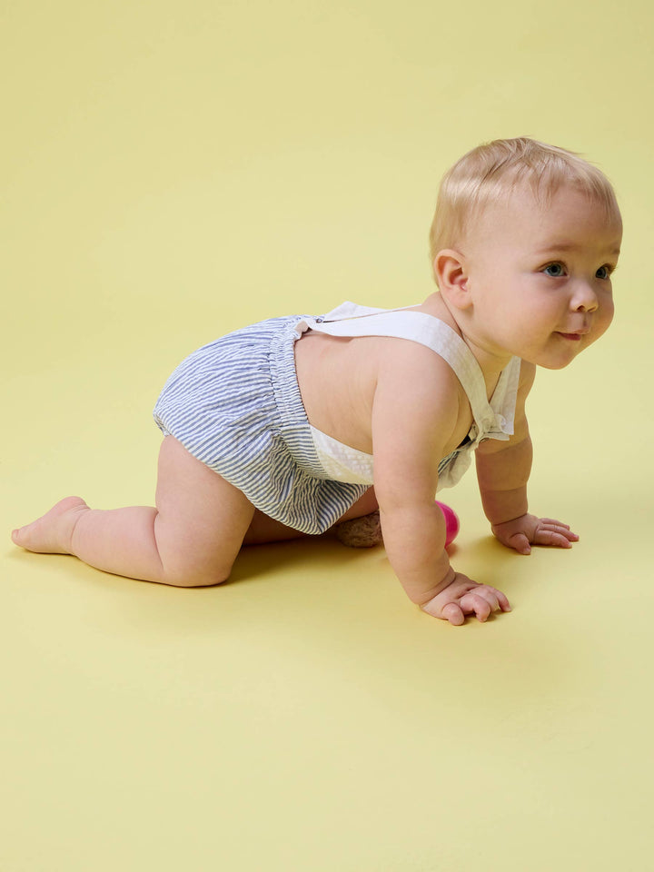 Baby Boys Blue Bunny Ears Seersucker Overall Bubble Romper