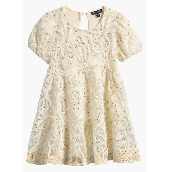 Girls Soutache Sequin Puff Sleeve Babydoll Party Dress