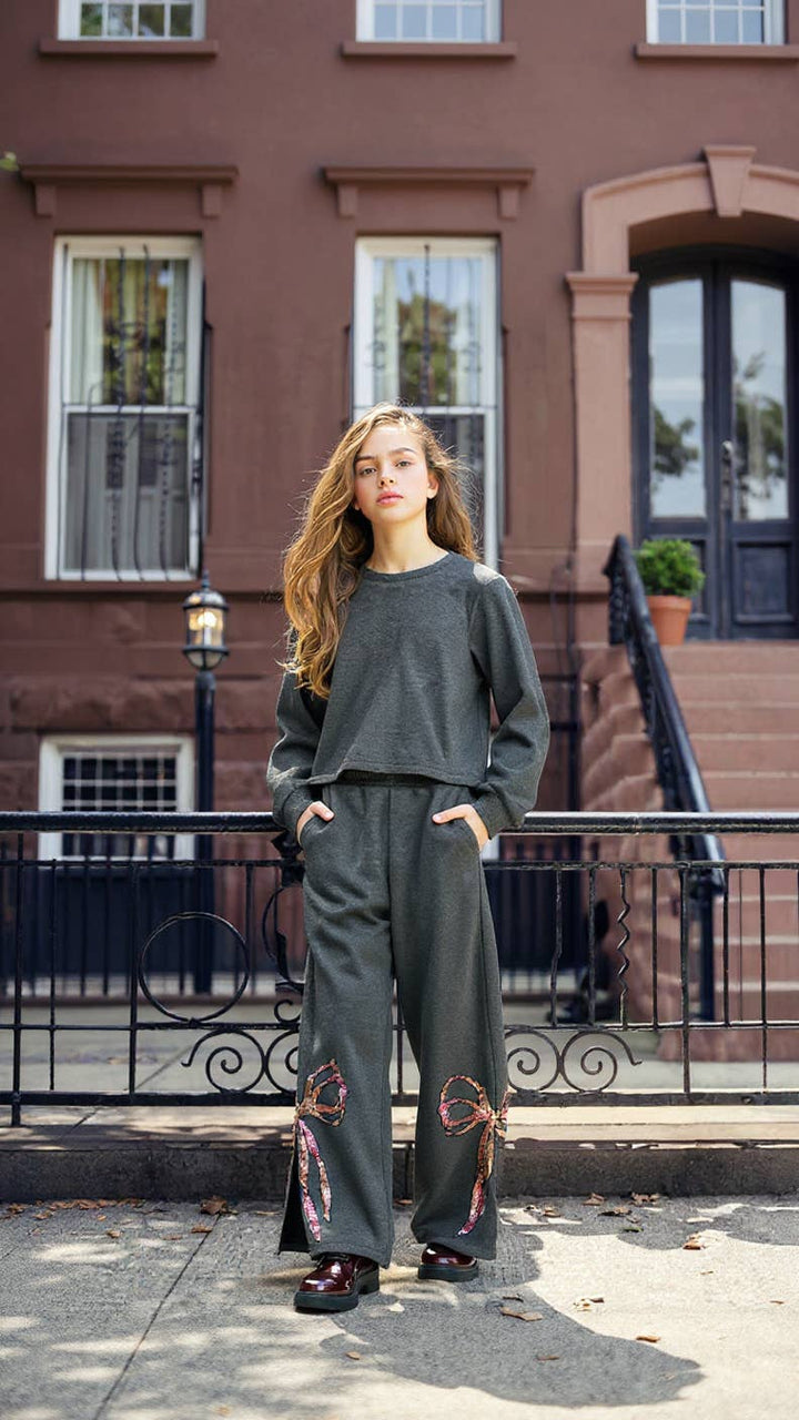 Sequin Bow Sweatshirt W/ Back Slit
