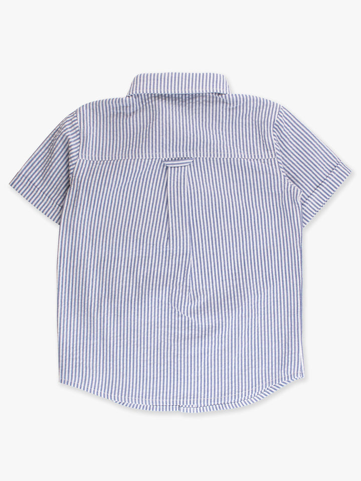 Boys Blue Bunny Ears Seersucker Embroidered Pocket Short Sleeve Button Down Shirt
