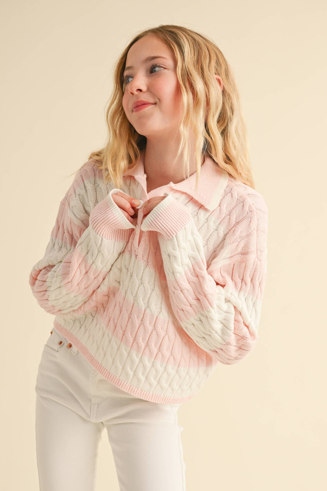 TWEEN GIRLS KIDS L/S POLO IN CABLE KNIT