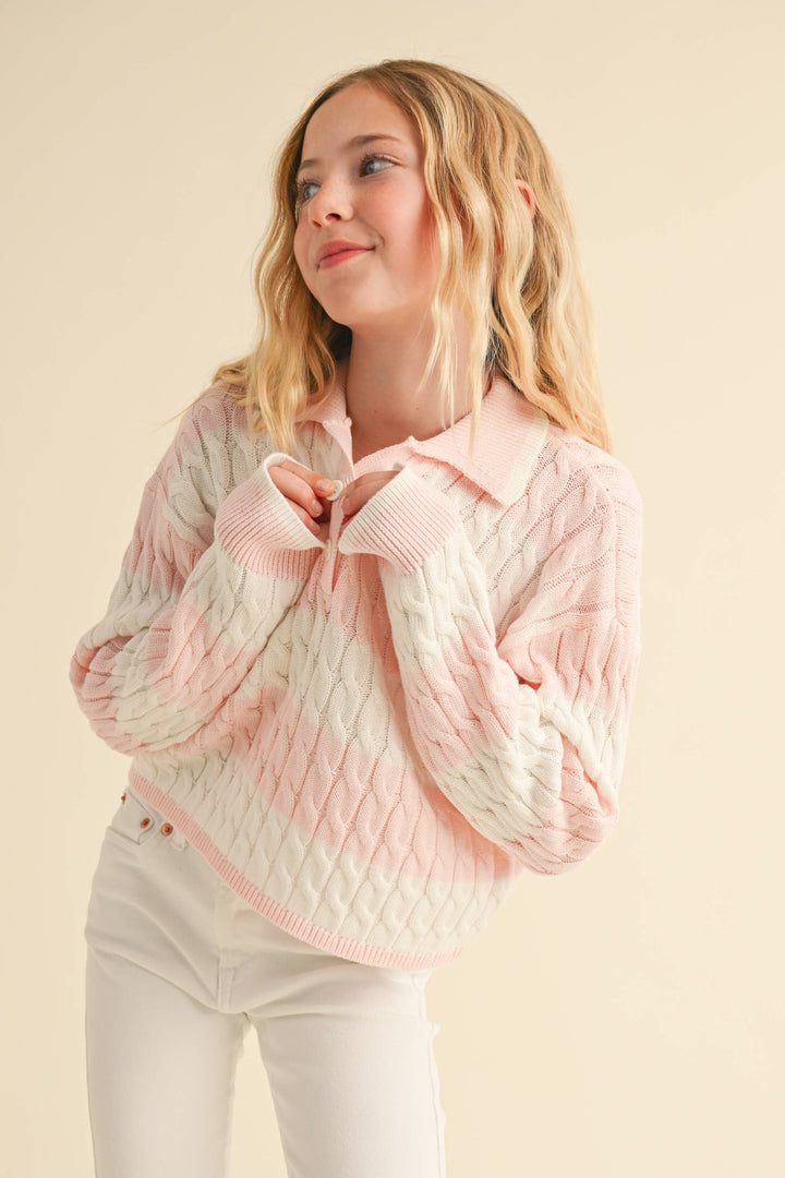 TWEEN GIRLS KIDS L/S POLO IN CABLE KNIT