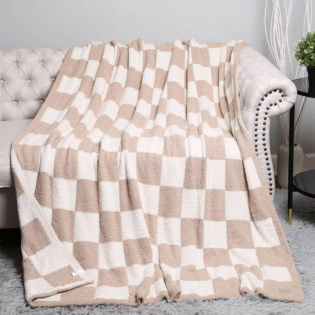 Beige Checkerboard Throw Blanket
