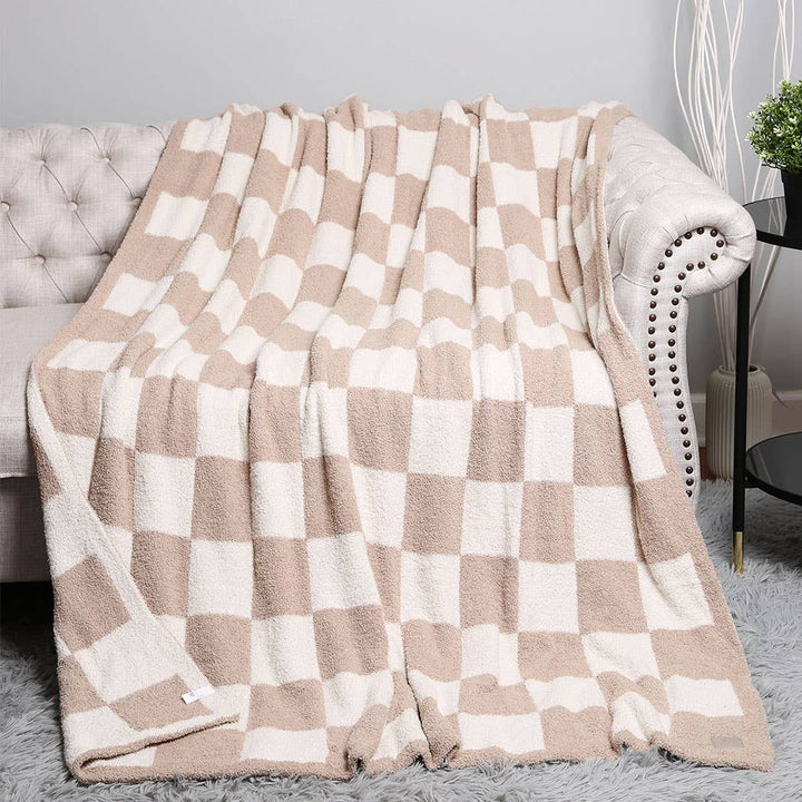 Beige Checkerboard Throw Blanket