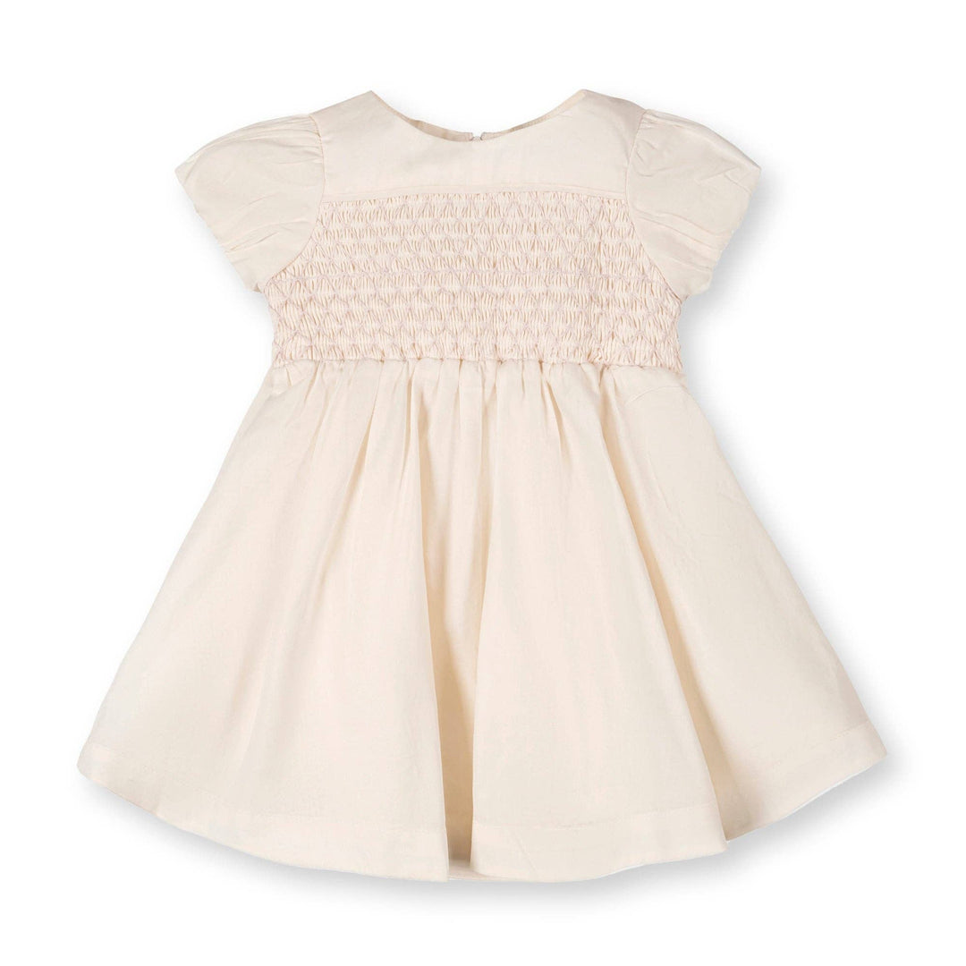 Organic Smocked Puff Sleeve Dress: Natural with Pink
