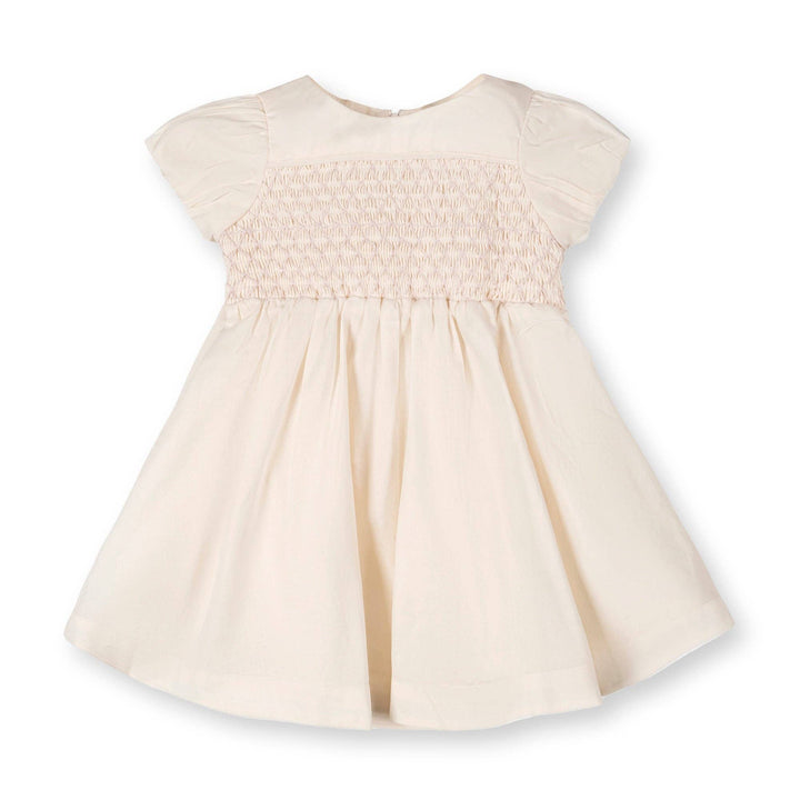 Organic Smocked Puff Sleeve Dress: Natural with Pink
