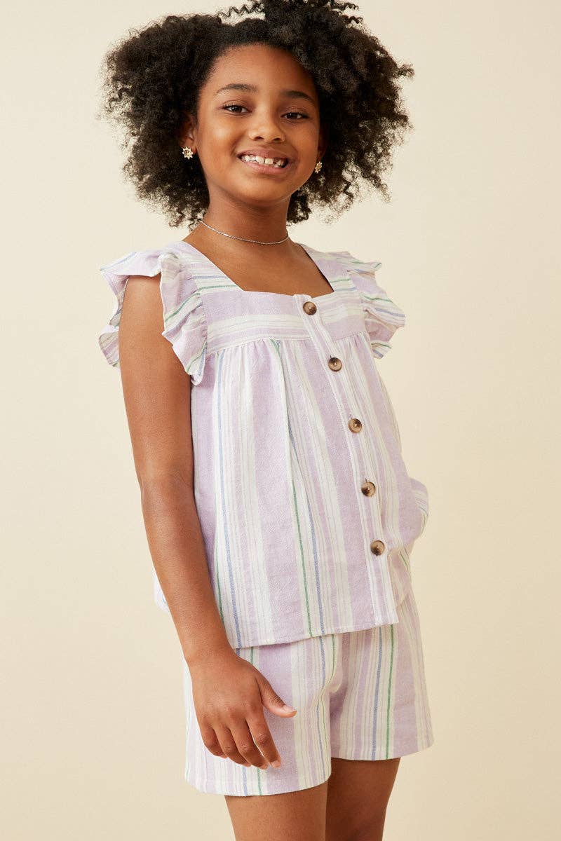 Striped Square neck Ruffled Button Top