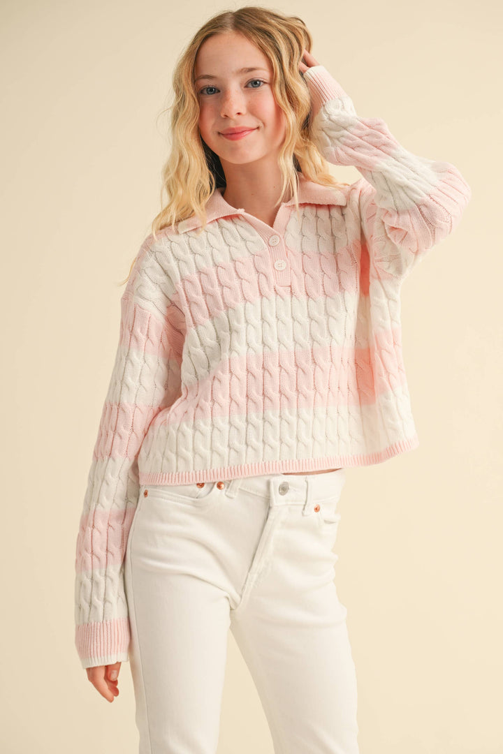 TWEEN GIRLS KIDS L/S POLO IN CABLE KNIT