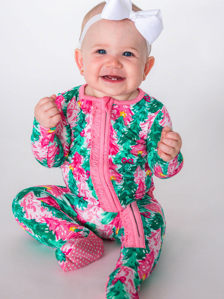 Baby Girls Bamboo Viscose Pink Jolly Grove Footed Ruffle Pajama