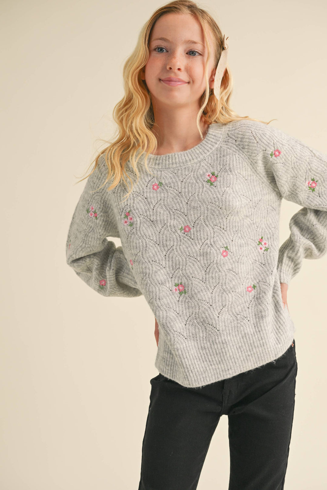 Tween Raglan Sweater w/Embroidered Flowers