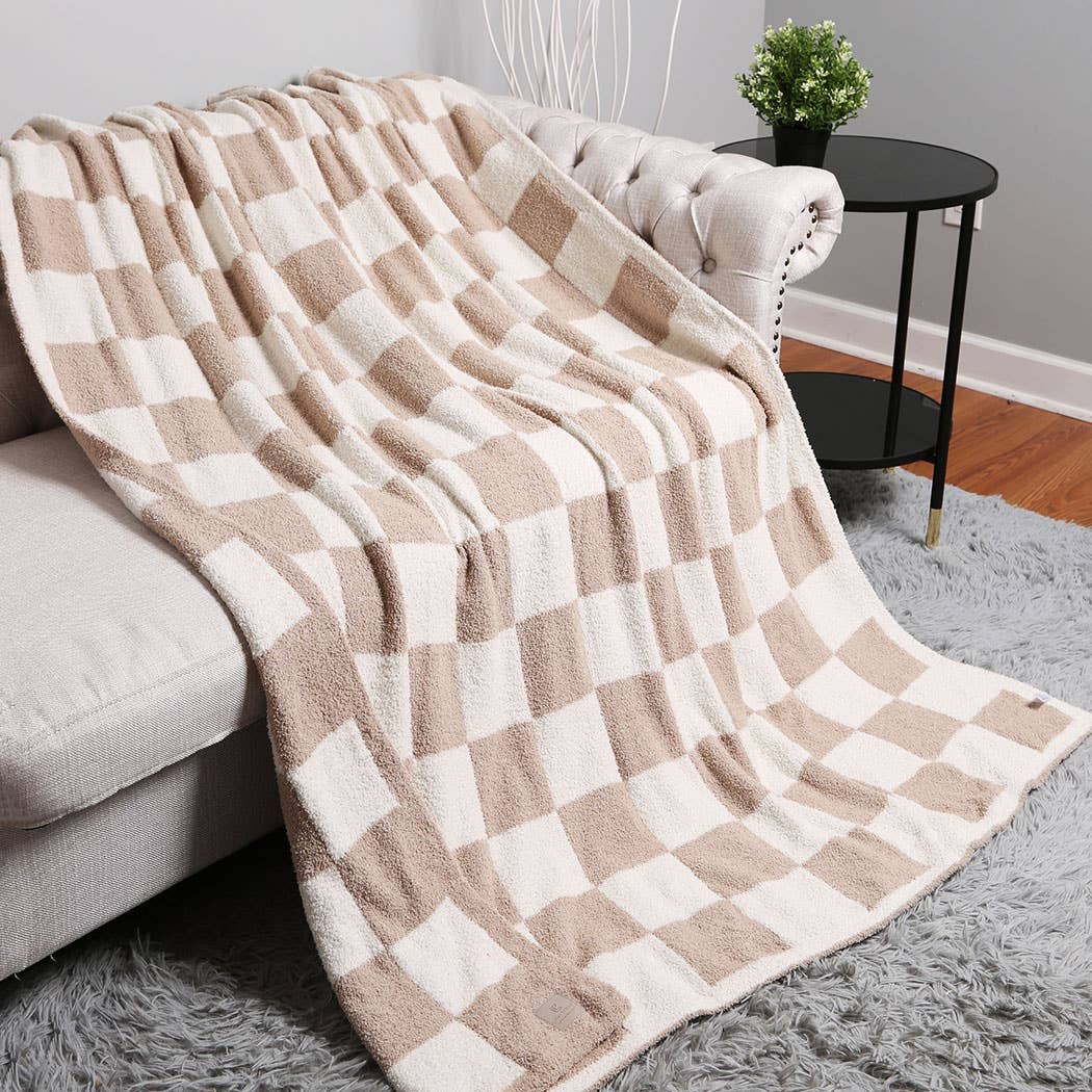 Beige Checkerboard Throw Blanket