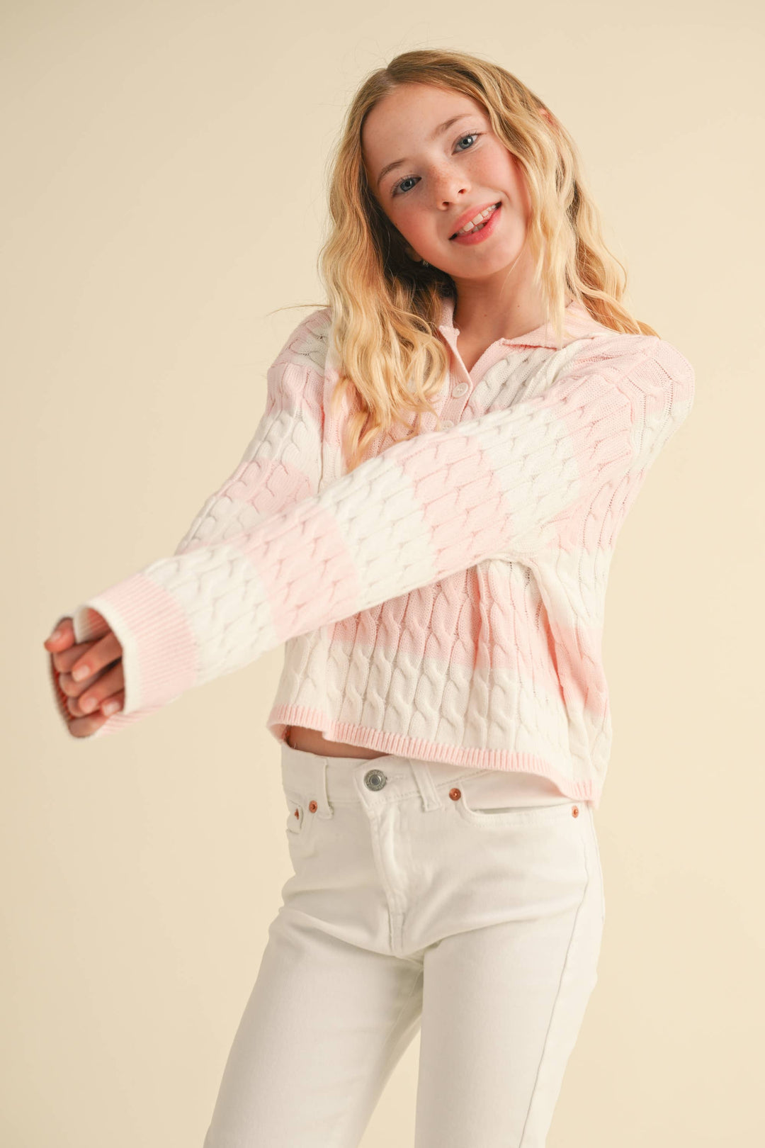 TWEEN GIRLS KIDS L/S POLO IN CABLE KNIT