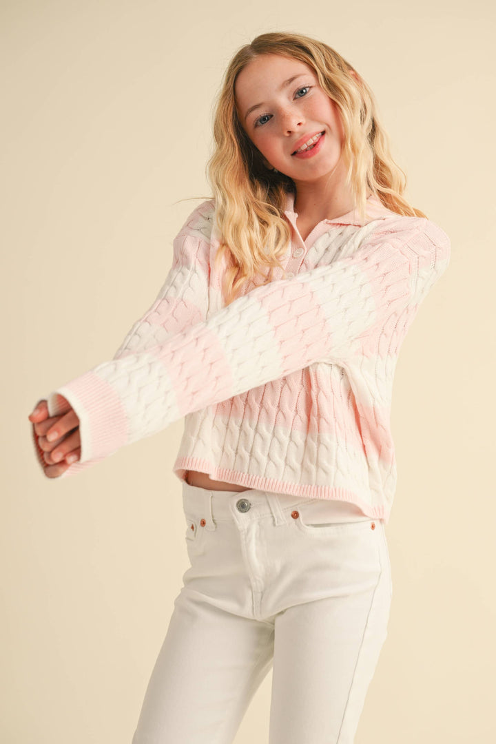 TWEEN GIRLS KIDS L/S POLO IN CABLE KNIT