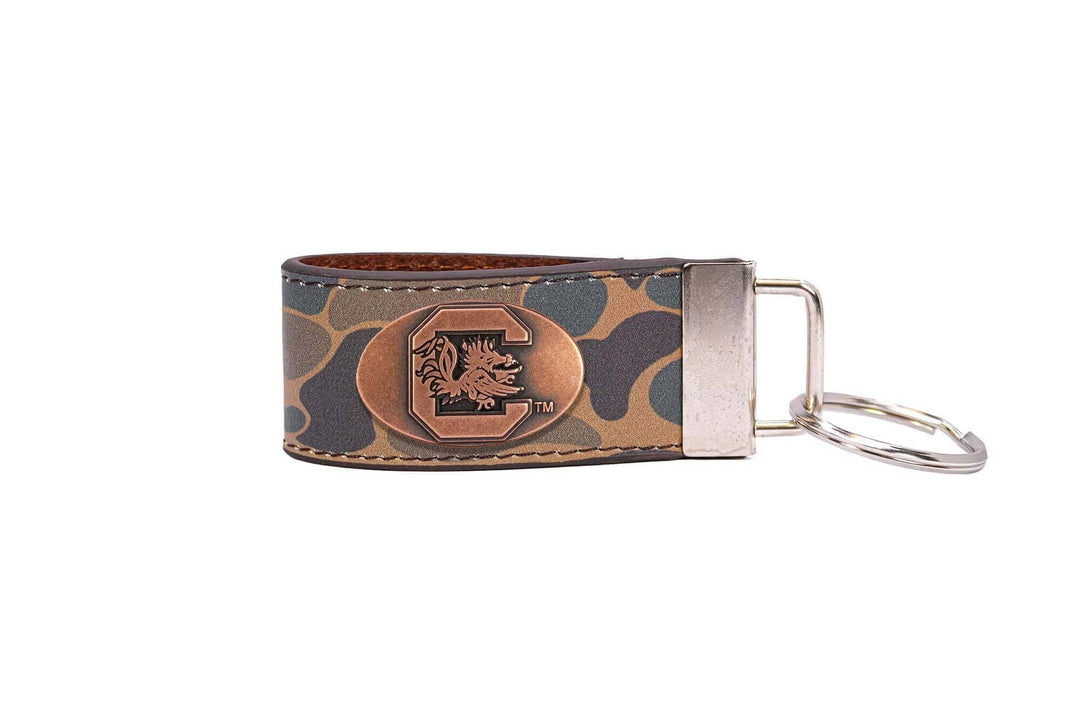 South Carolina Gamecocks Old School Camo Leather Loop Keychain.: Brown/Tan Camo