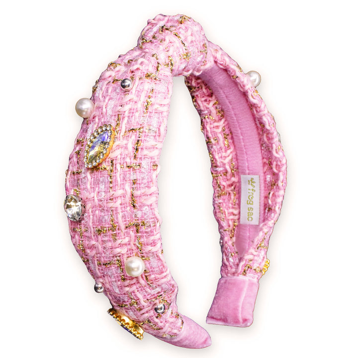 Embellished Knot Headband - Tweed Rhinestone Pearl: Black