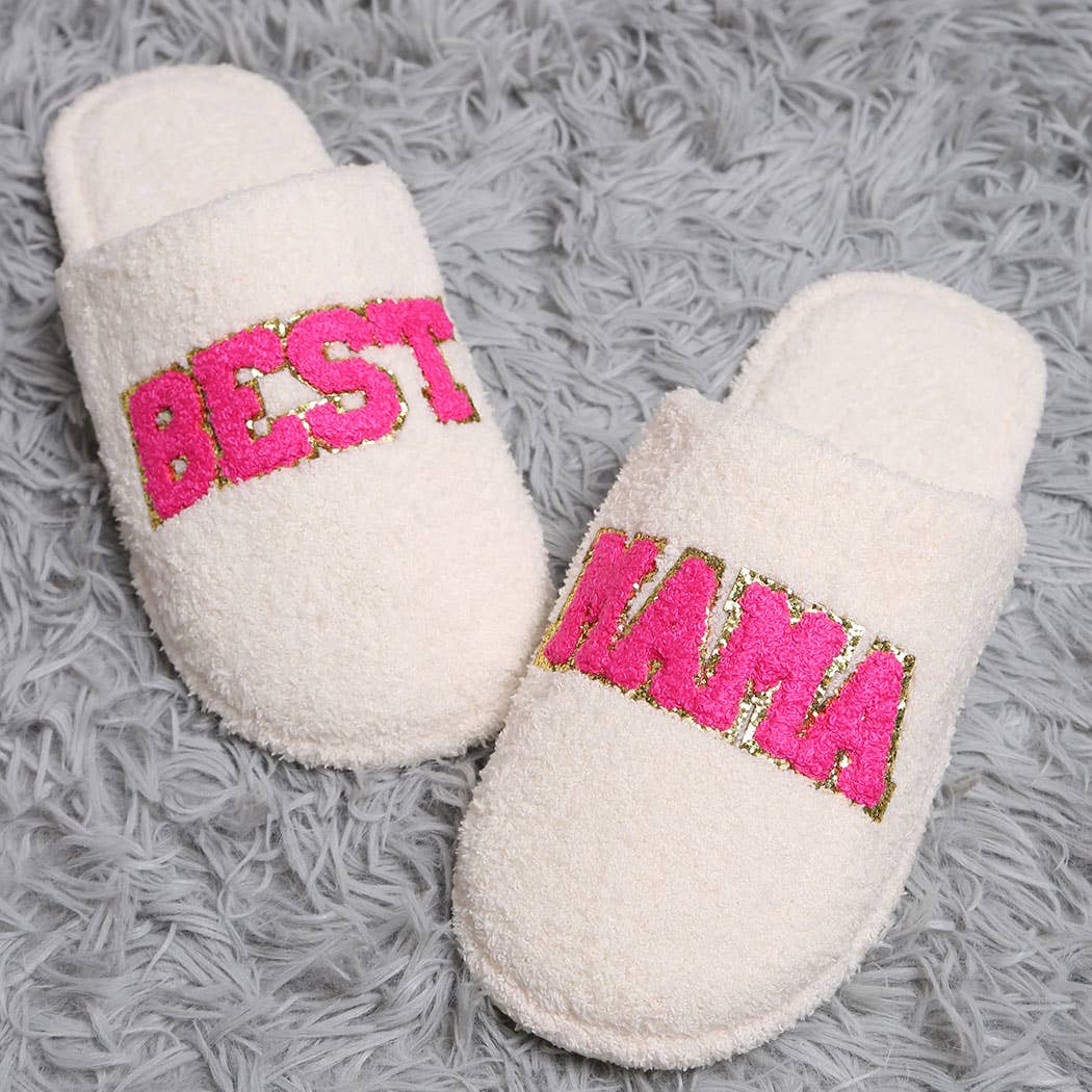 BEST MAMA Chenille Patched Home Slippers: M/L / WHITE