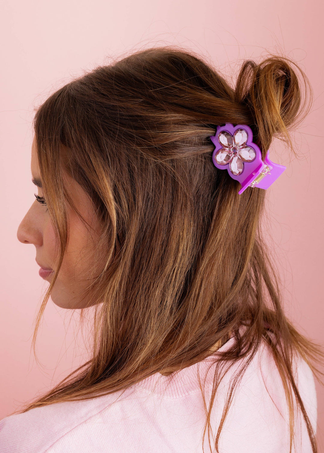 Claw Hair Clip -Purple w/ Pink Flower Stones