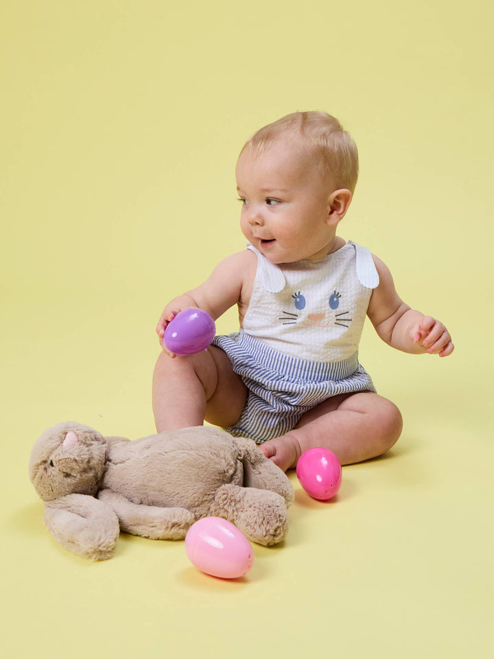 Baby Boys Blue Bunny Ears Seersucker Overall Bubble Romper