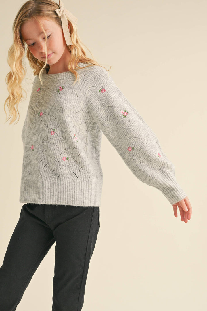 Tween Raglan Sweater w/Embroidered Flowers