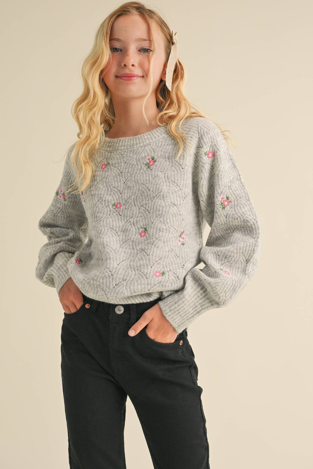 Tween Raglan Sweater w/Embroidered Flowers