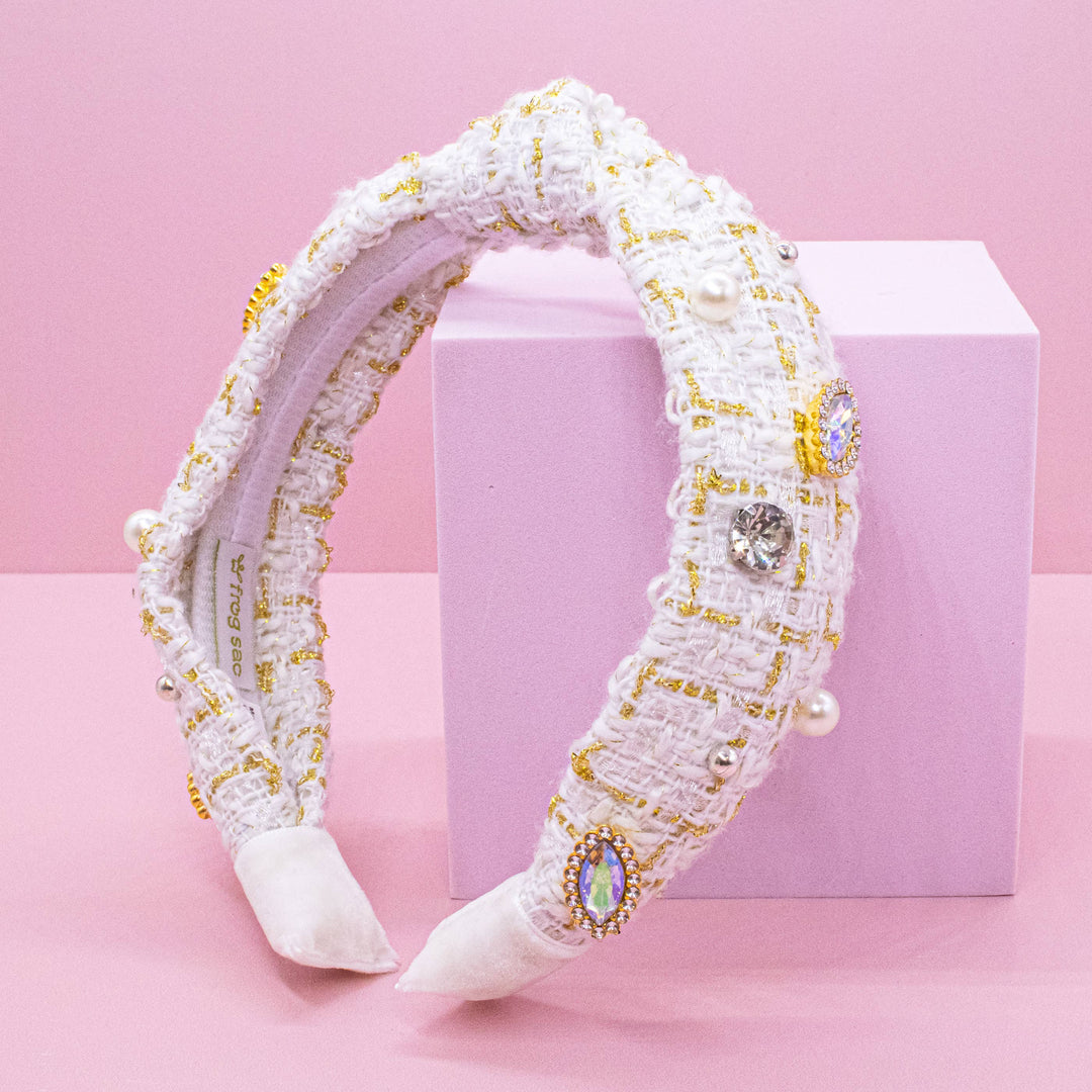 Embellished Knot Headband - Tweed Rhinestone Pearl: Black