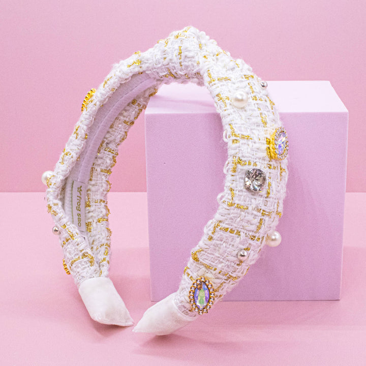 Embellished Knot Headband - Tweed Rhinestone Pearl: Black
