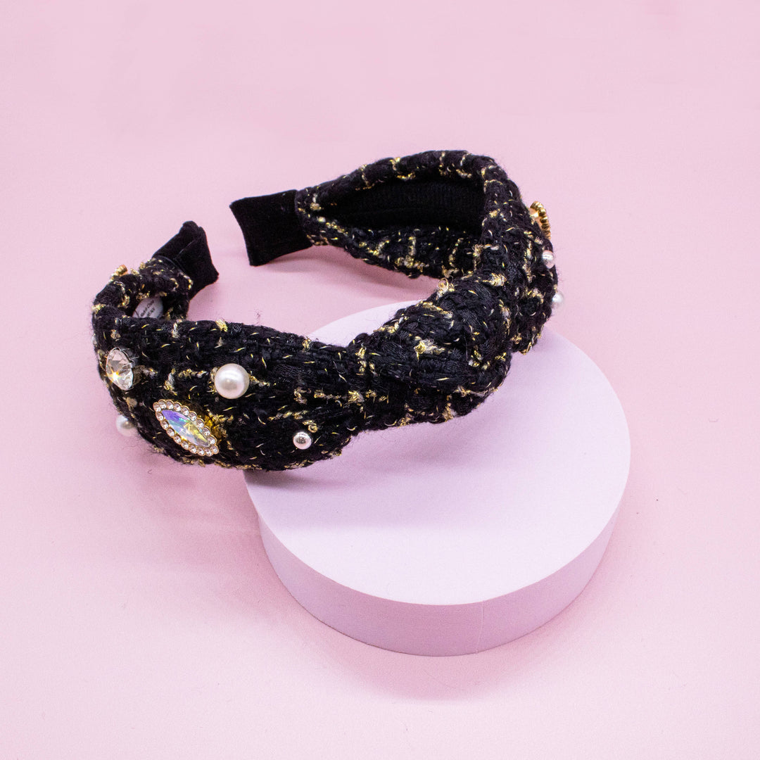Embellished Knot Headband - Tweed Rhinestone Pearl: Black