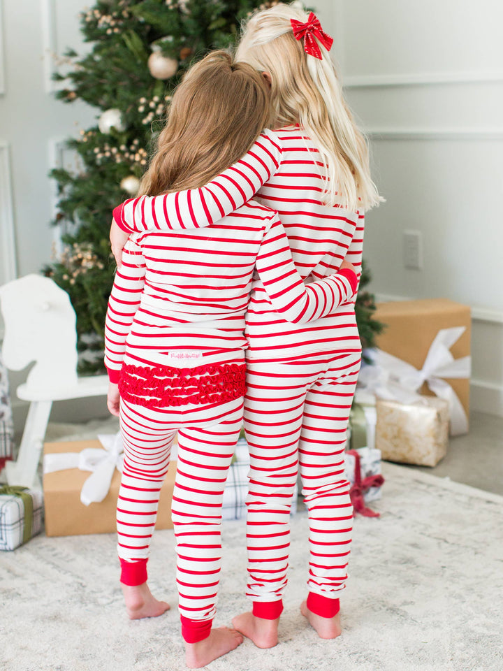 Girls Red & White Stripe Ruffle Long Sleeve Pajama Set