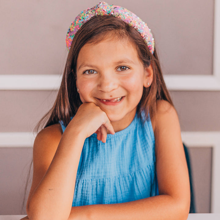 Sparkly Sequin Knot Headband: Rainbow