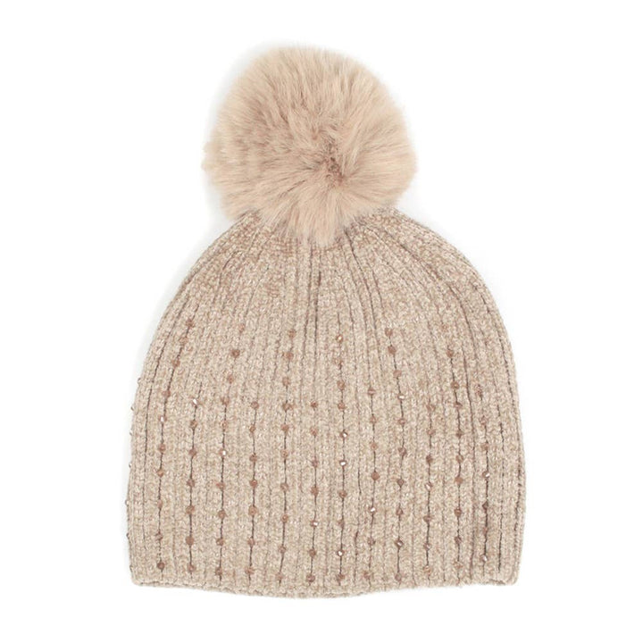 Stone Embellished Chenille Pom Pom Beanie Hat