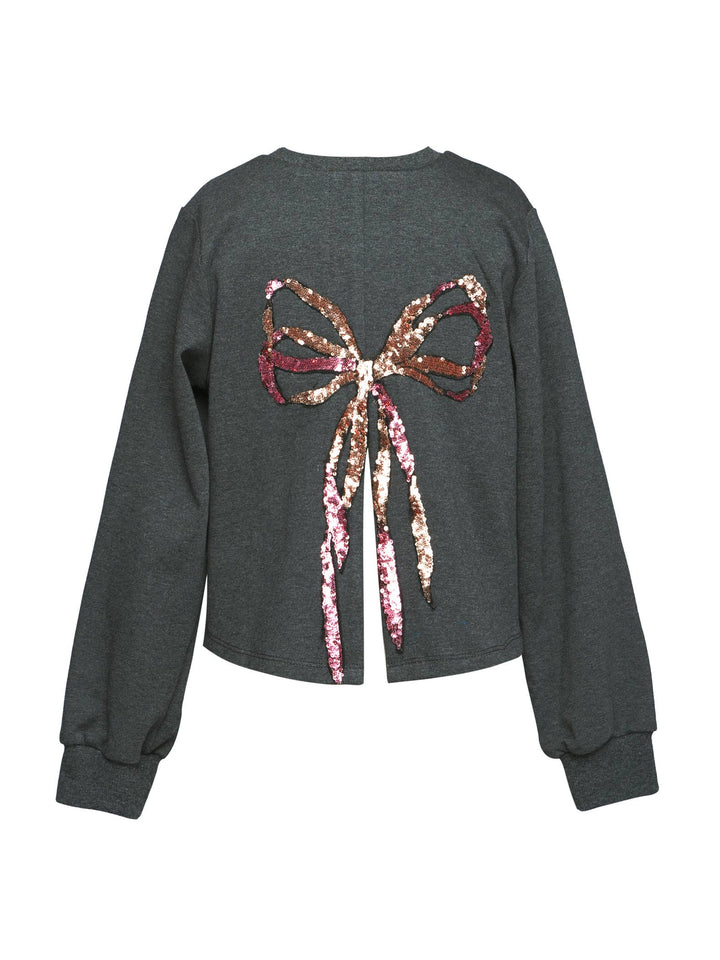 Sequin Bow Sweatshirt W/ Back Slit
