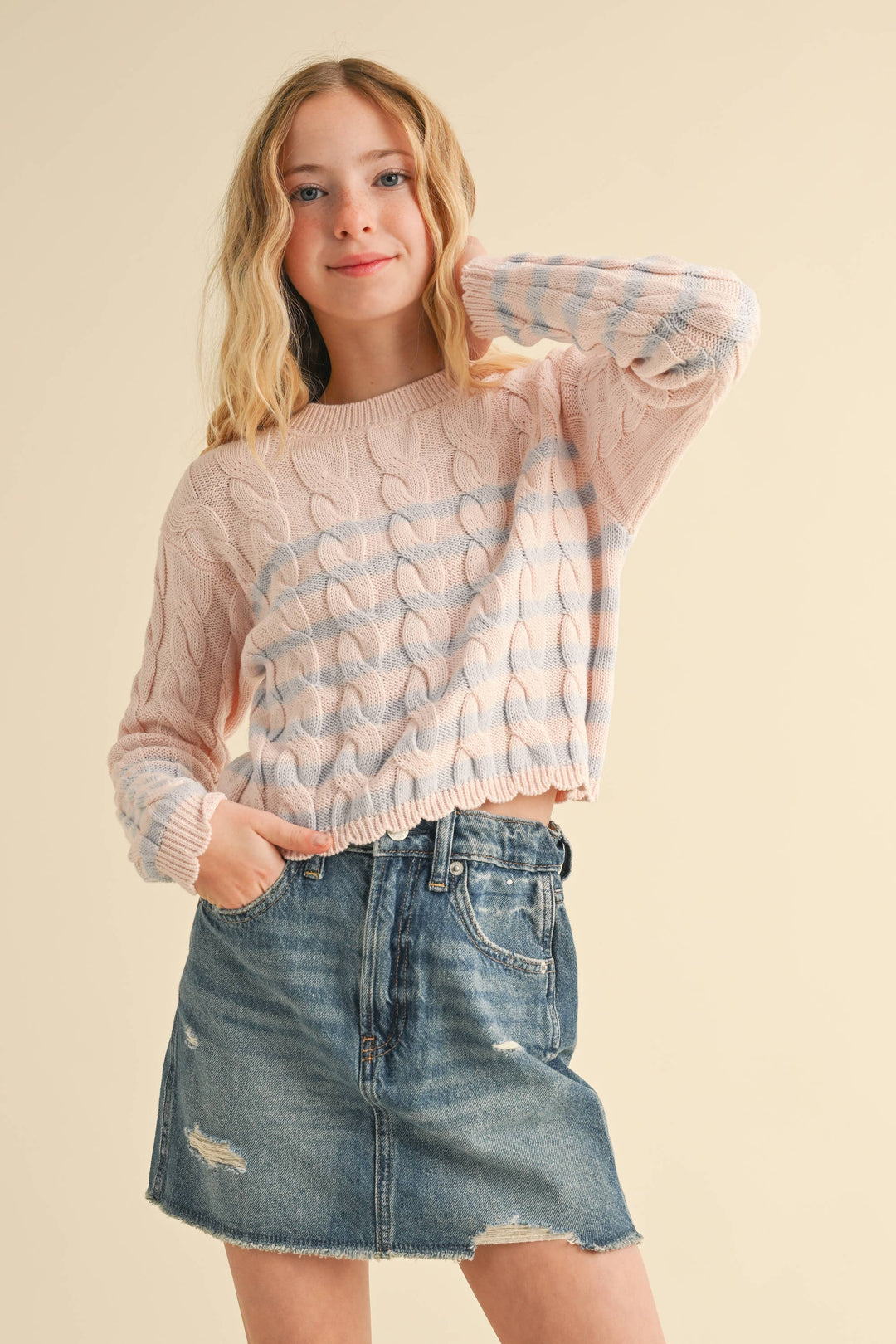 TWEEN GIRLS KIDS CABLE KNIT BOXY CROPPED PULLOVER