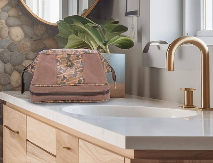 Shot Shell Brown Waxed Canvas Old School Camo Men's Toiletry Dopp Bag.: Brown/Tan