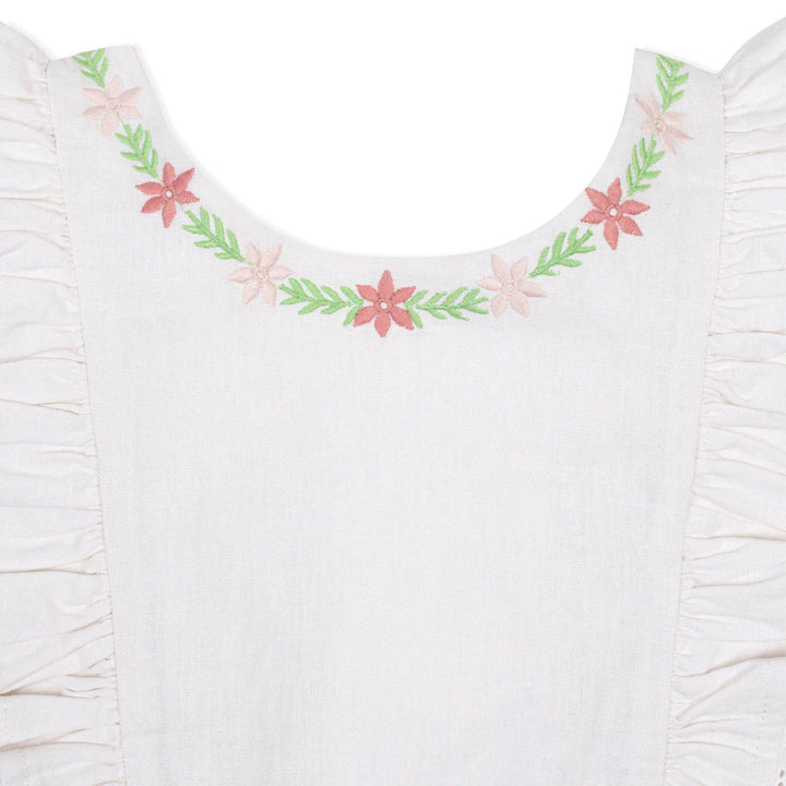 Linen Ruffle Jumper: White with Embroidery