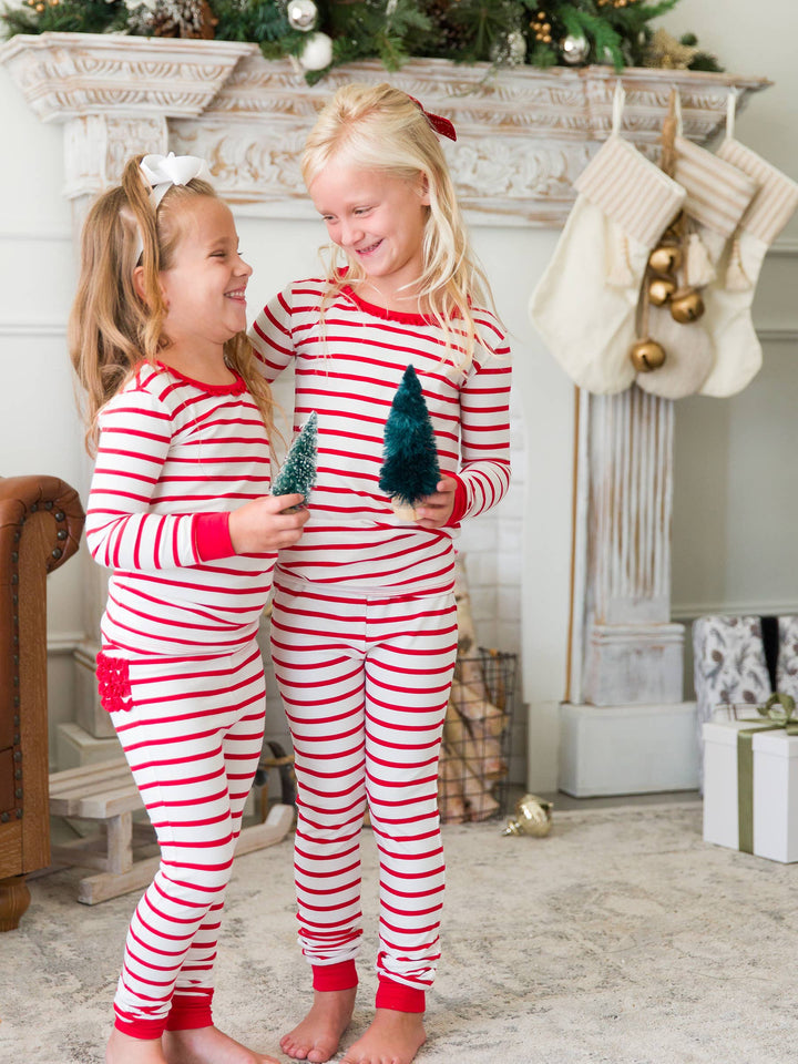 Girls Red & White Stripe Ruffle Long Sleeve Pajama Set
