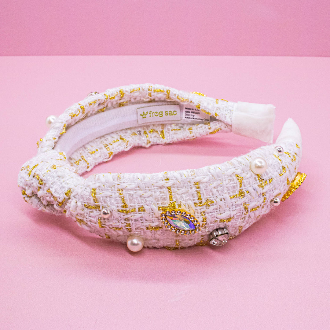 Embellished Knot Headband - Tweed Rhinestone Pearl: Black