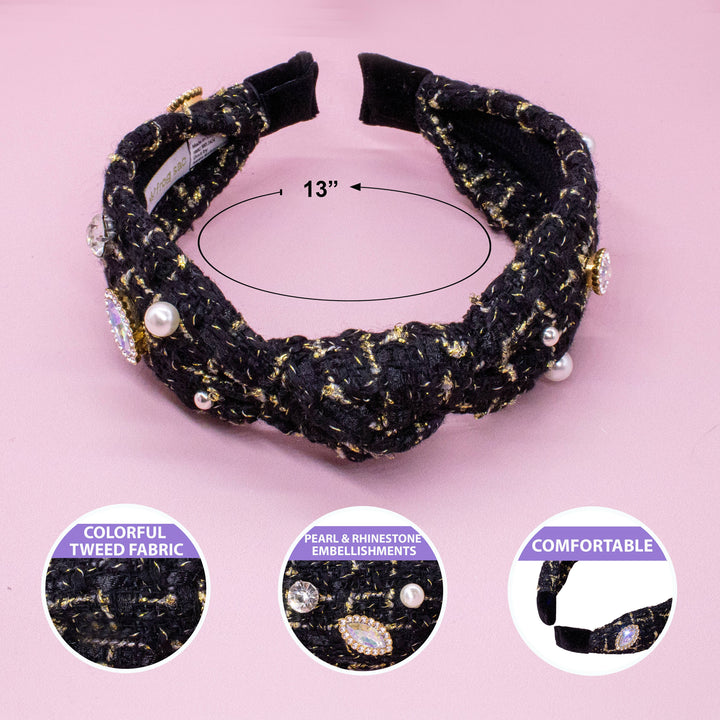 Embellished Knot Headband - Tweed Rhinestone Pearl: Black