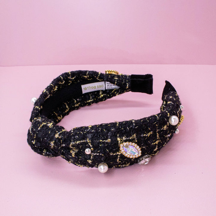 Embellished Knot Headband - Tweed Rhinestone Pearl: Black