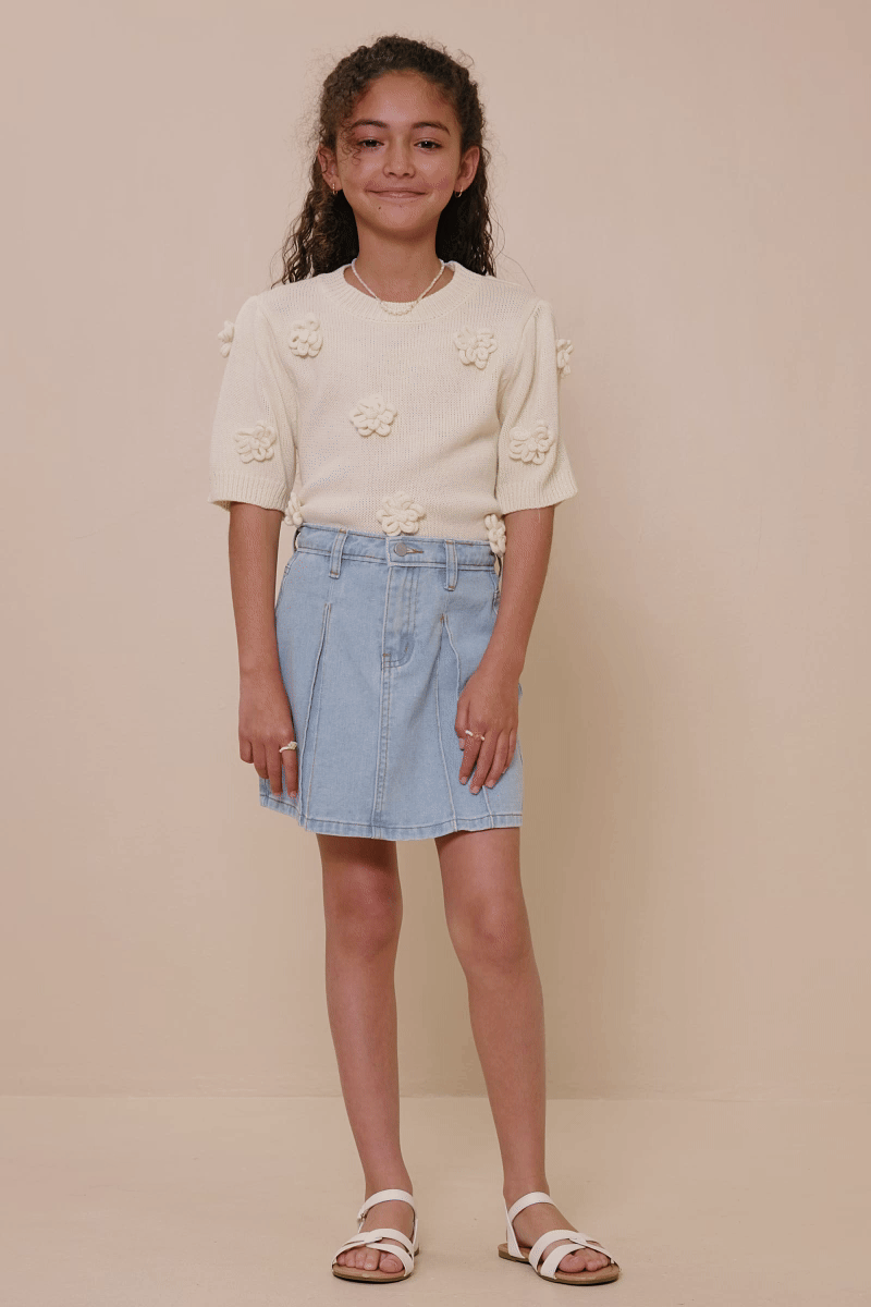 Box Pleated Washed Denim Skirt