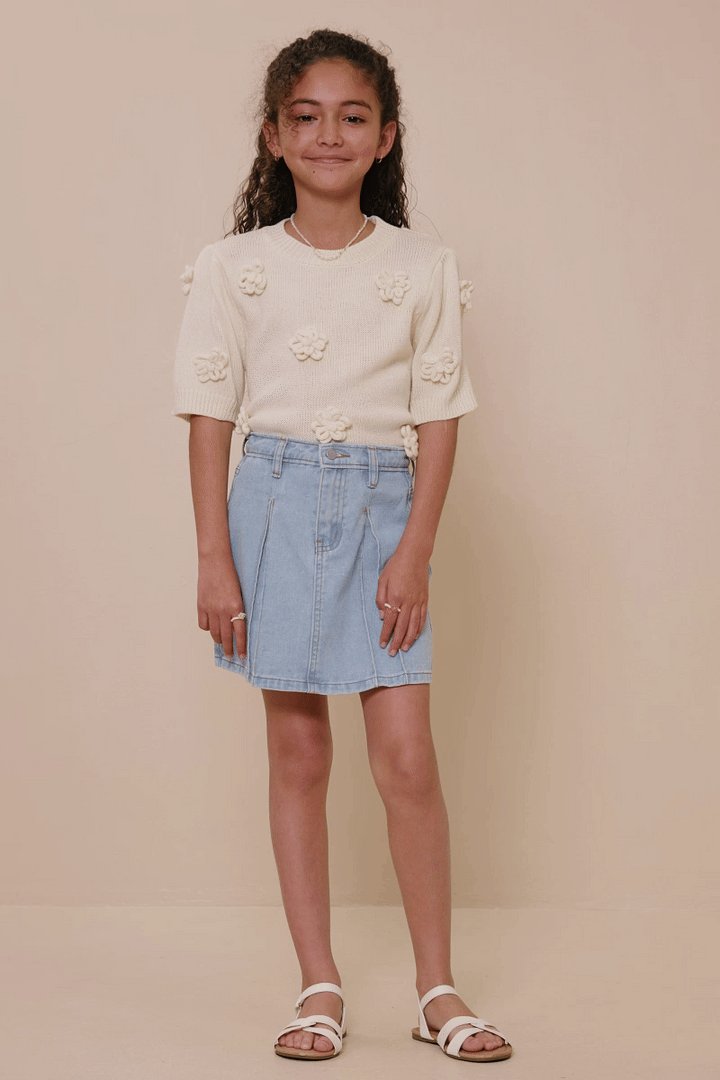 Box Pleated Washed Denim Skirt