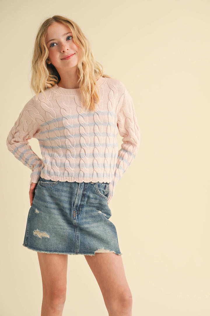 TWEEN GIRLS KIDS CABLE KNIT BOXY CROPPED PULLOVER