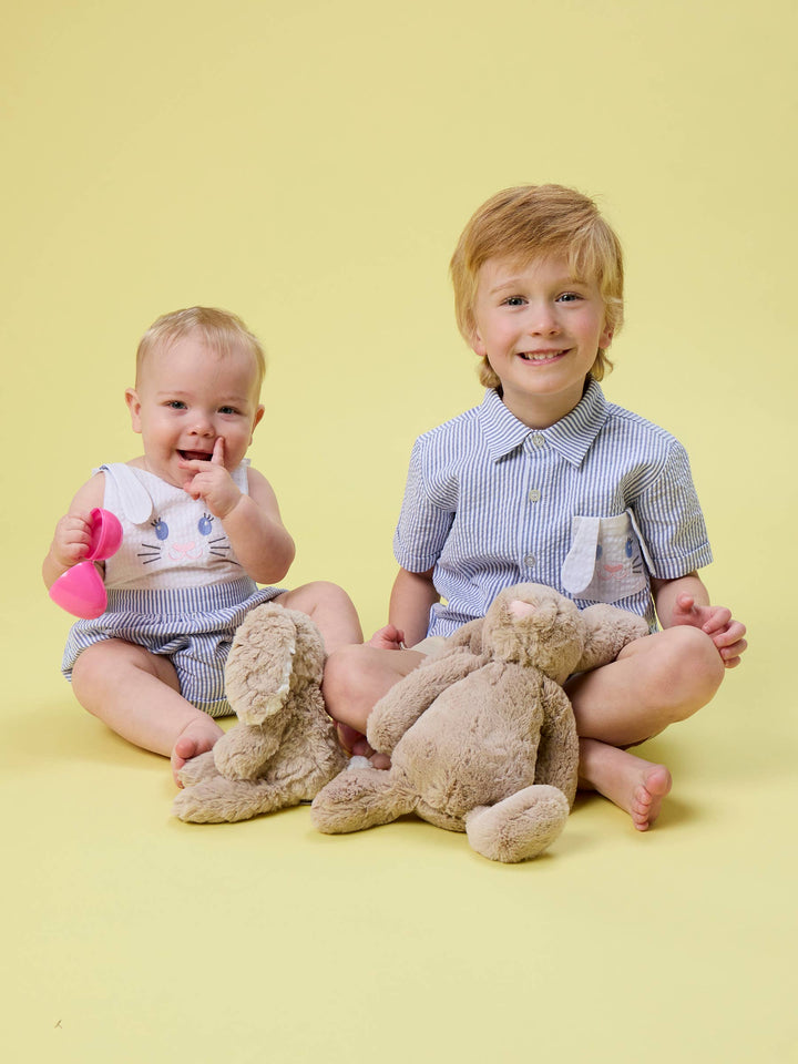 Baby Boys Blue Bunny Ears Seersucker Overall Bubble Romper