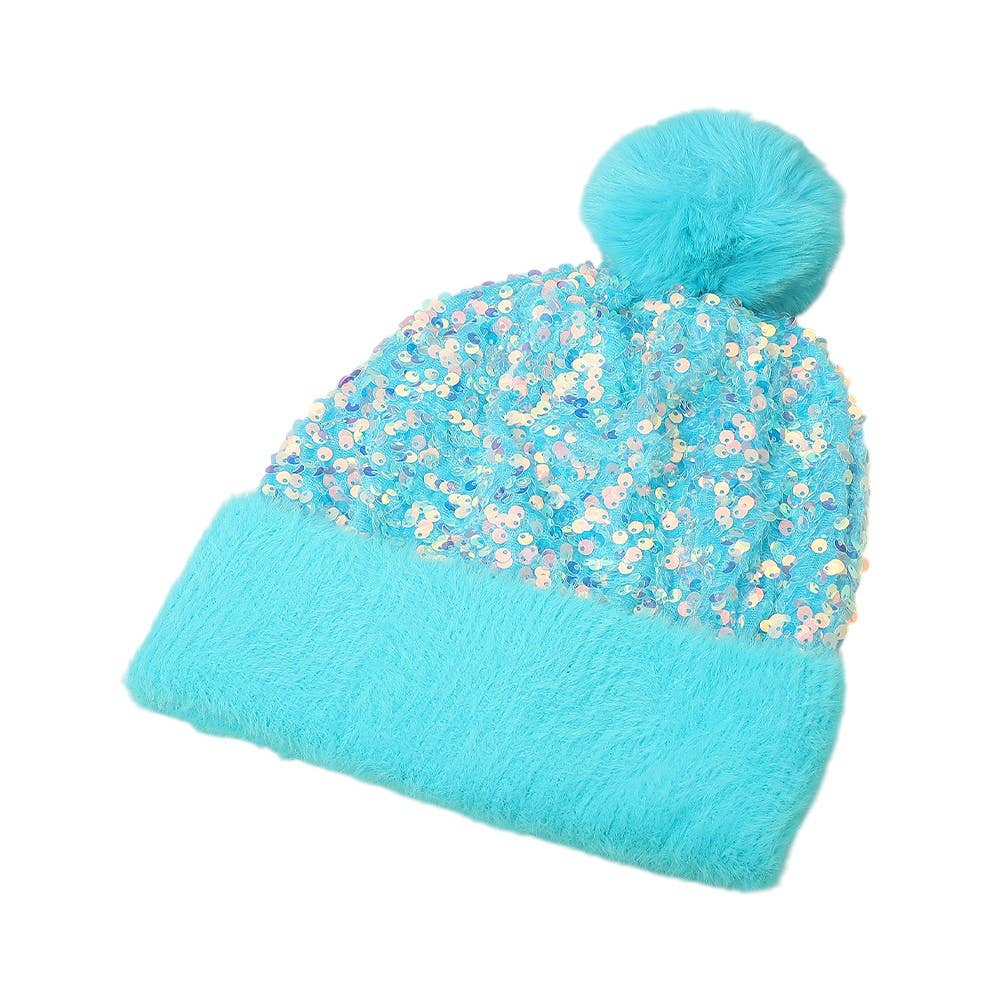 Sequin Embellished Pom Pom Beanie Hat