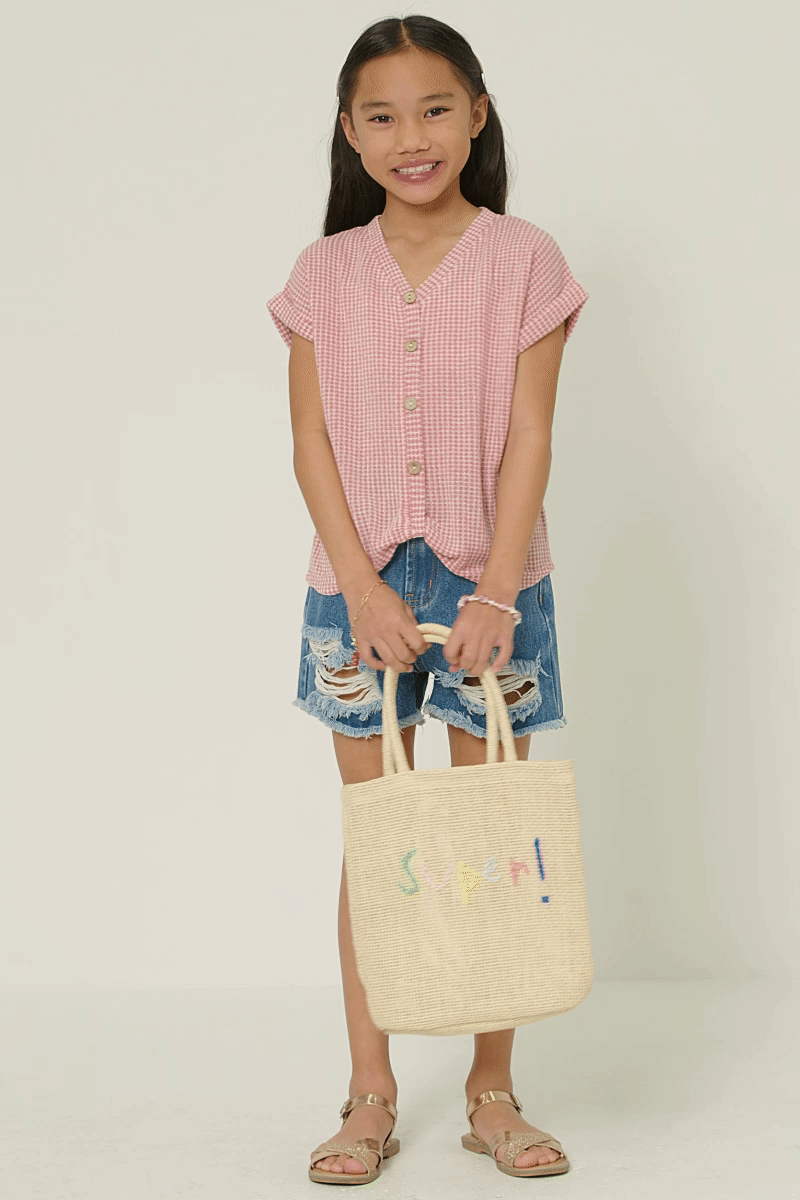 Textured Knit Buttoned Twist Front Top