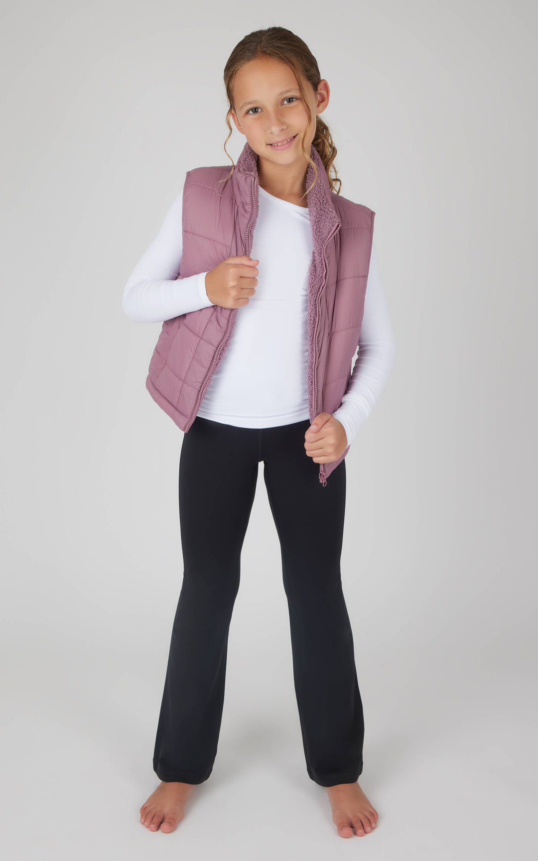 Girls Quilted Sherpa Lining Vest, Top, Flare Pant - 3 PC Set